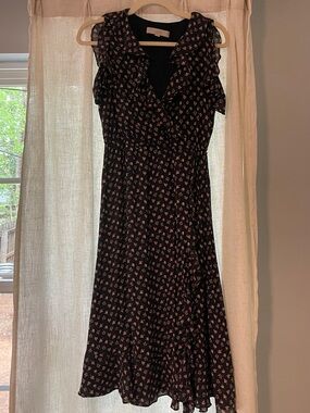 LOFT Black Midi Dress with Pink Floral Ruffle Wrap